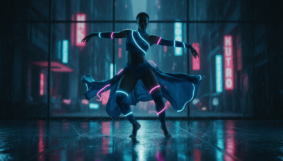 Dynamische Szenen animierter Tanzflächen und neonbeleuchteter Stadtlandschaften, inspiriert vom Rhythmus von NO CAP.