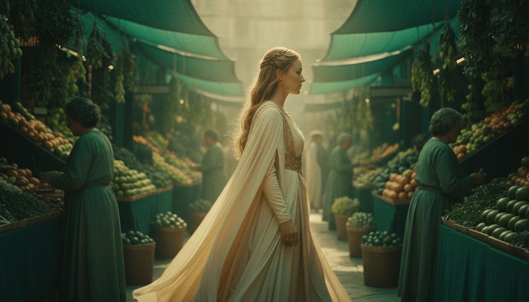 Cenas visuais de uma paisagem urbana noturna com luzes verdes brilhantes e a silhueta de uma garota refletindo emoções