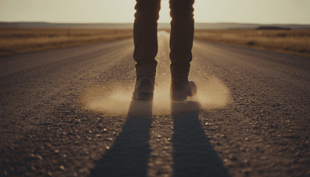 抽象視覺化蜿蜒小徑穿越黑暗空街，象徵內省與記憶。