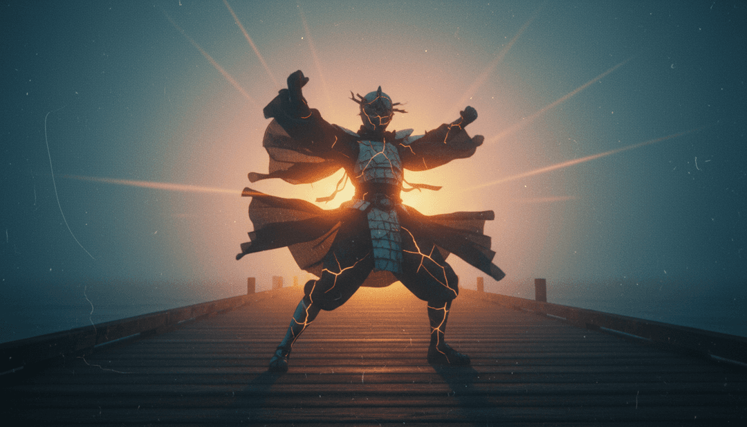 गोल-मटोल पोर्सिलेन के टुकड़े जो एक योद्धा आकृति में बदलते हुए अंधेरे और उजाले के बीच गतिशील दृश्य