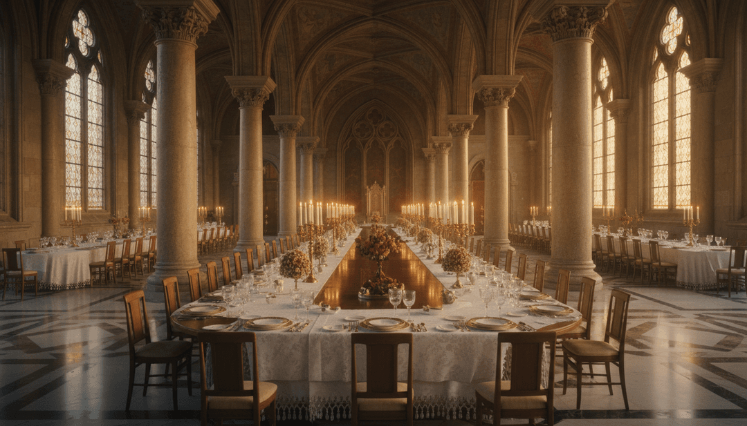 Un montage dynamique montrant des cloches d'église sonnant, des corps célestes se déplaçant et des choristes, le tout parfaitement mélangé par des effets générés par l'IA.