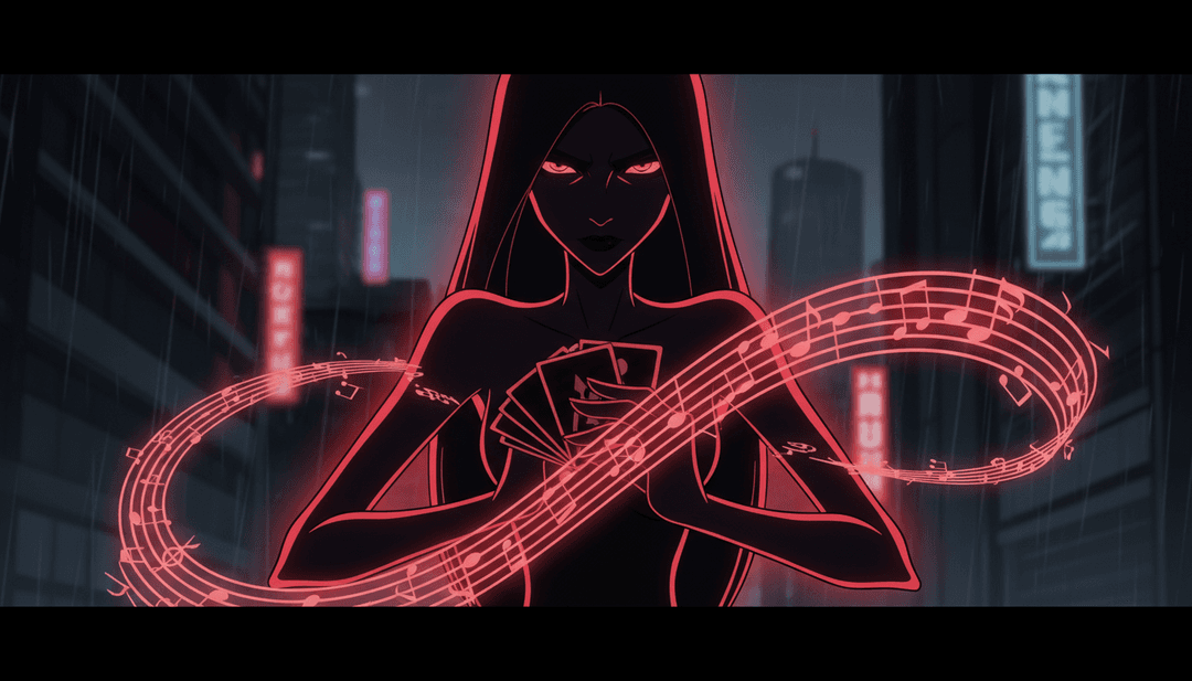 IA analisando notas musicais e temas líricos do Ato 3 de Carmen, projetando conceitos visuais abstratos como cartas de baralho e cenas de mercado movimentado.