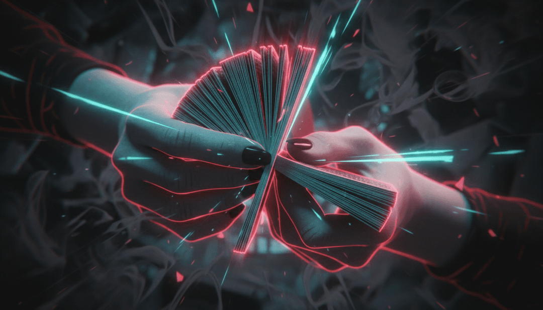 Visuais dinâmicos de vendedores de mercado, cartas de baralho girando e cantores dramáticos de ópera, tudo renderizado em um estilo artístico estilizado e gerado por IA, combinando com o ritmo da música.