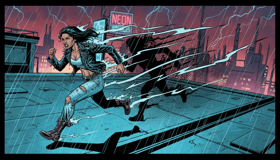 Visuais dinâmicos de uma paisagem urbana se misturando com elementos naturais, refletindo a jornada emocional e as variações rítmicas de '06-Sara' gerado por IA.