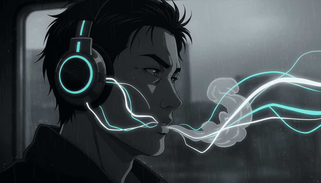 'Highs and Hustles' 힙합 트랩 분위기를 표현하는, 거친 도시 거리 풍경과 네온 불빛으로 변환되는 음파의 추상적인 시각화.