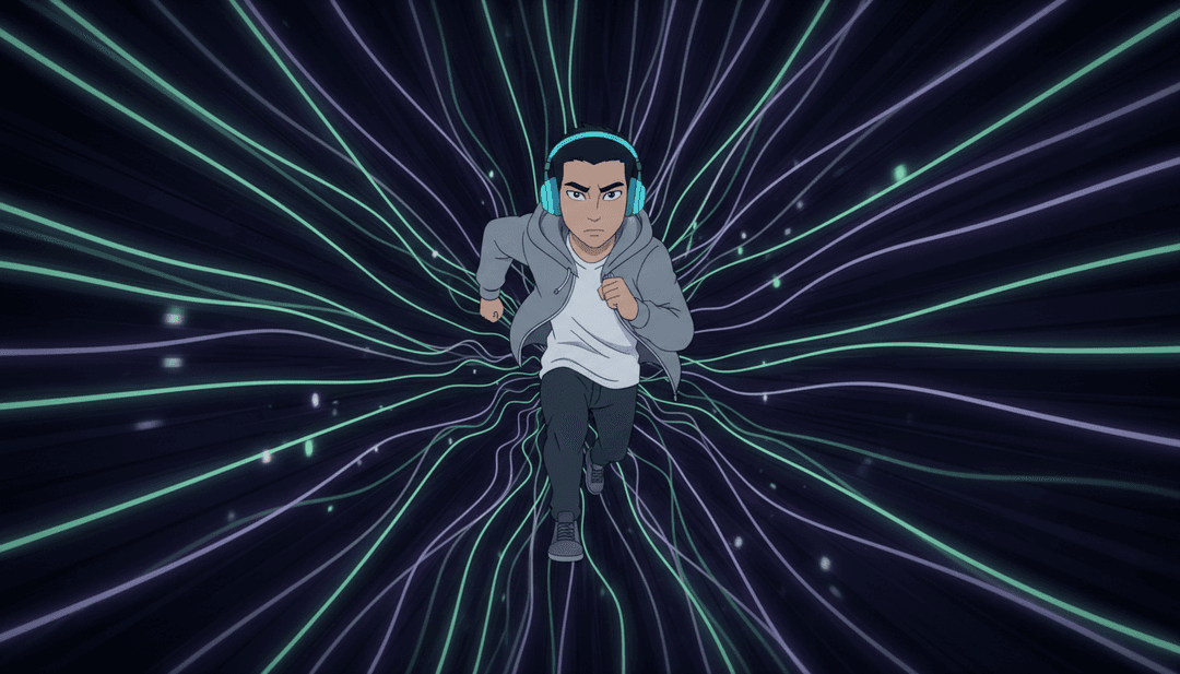 shelaireh12의 뮤직 비디오 제작을 상징하는, 트랩 비트에 맞춰 움직이는 애니메이션 그래피티, 빠른 도시 풍경, 스타일리시한 캐릭터 실루엣의 역동적인 몽타주.