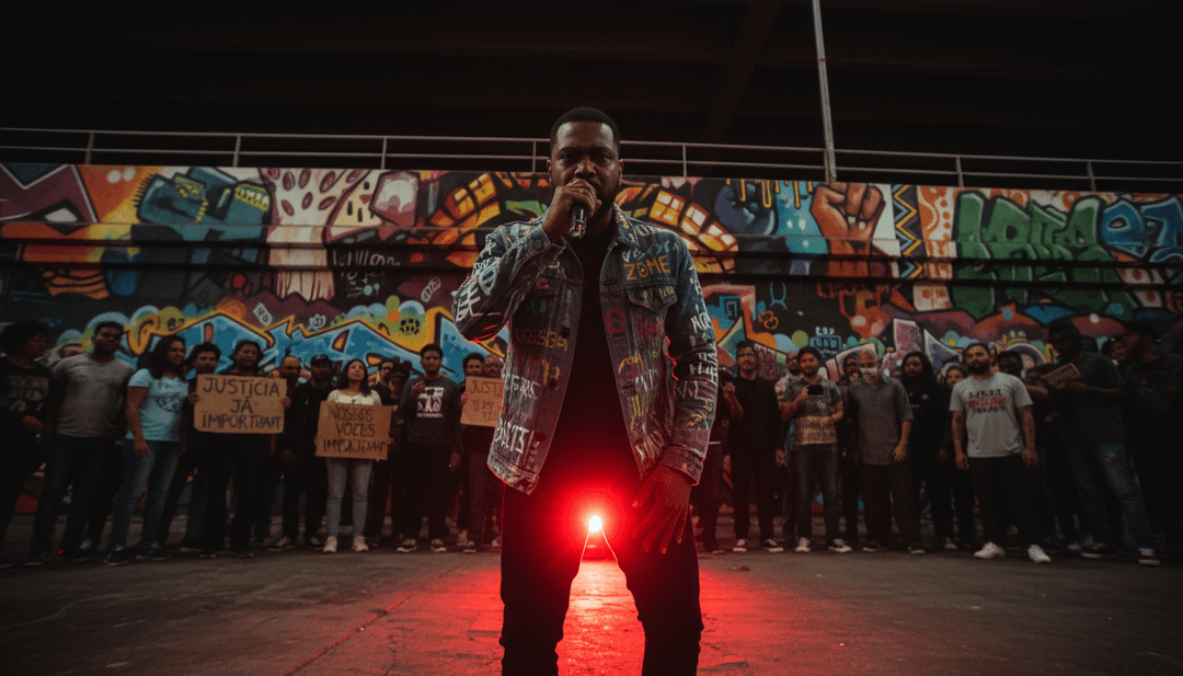 都市舞者、霓虹燈城市景觀和塗鴉藝術家的動態場景，代表嘻哈音樂的視覺轉譯。