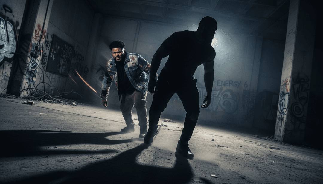 一位兴奋的音乐家正在屏幕上观看他们为 'Boosstreet Legends' 制作的 AI 音乐视频，屏幕上显著显示着 'freebeat.ai' 标志。