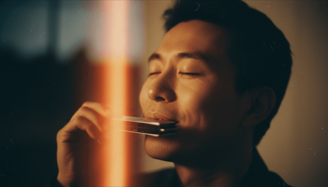 Um sistema de IA analisando ondas sonoras e letras de 'Tetap Di Sini Ya' de Ash Ganbatte, cercado por conceitos visuais fluidos.