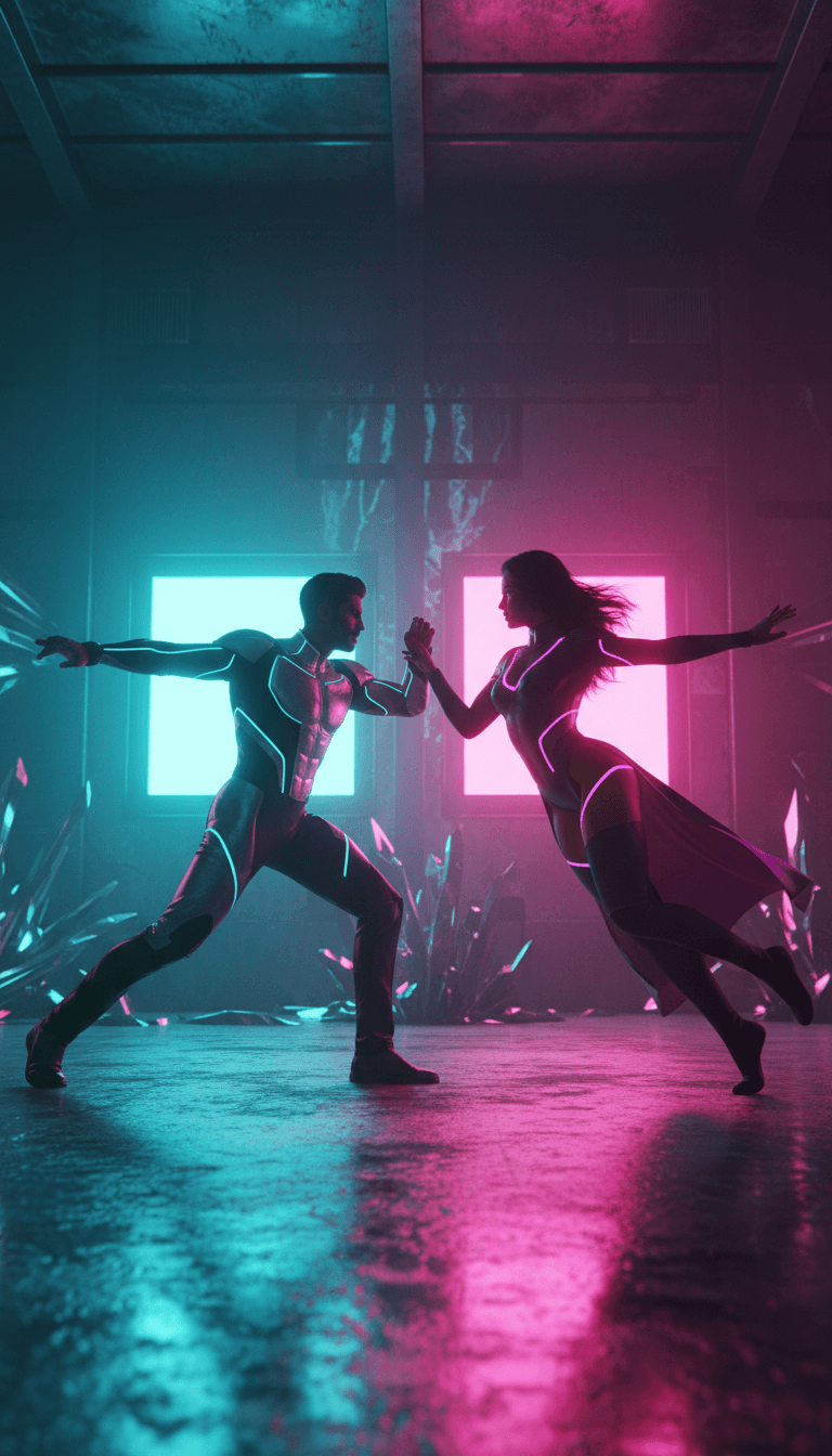 Escenas vibrantes y de cambio rápido que representan bailarines estilizados y paisajes azules surrealistas, sincronizados al ritmo del MV 'AZUL' de Guru Randhawa, creadas por IA.