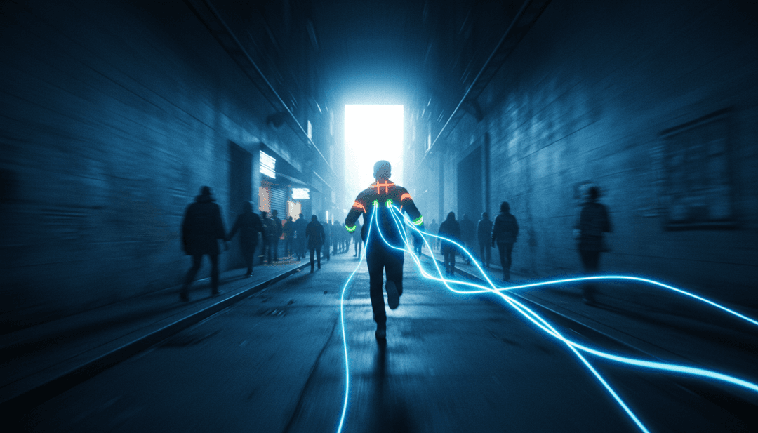 Dynamische Visuals, synchronisiert mit SergiMusic's 'Un sueño constante' Reggaeton-Beats, zeigen energiegeladene Tanzszenen und lebendige Lichtspiele, erstellt von KI.