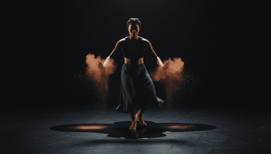 Visuais dinâmicos de dançarinos e padrões intrincados sincronizados com as batidas de 'Echoes of the Ritual by Zebav', gerados por IA.