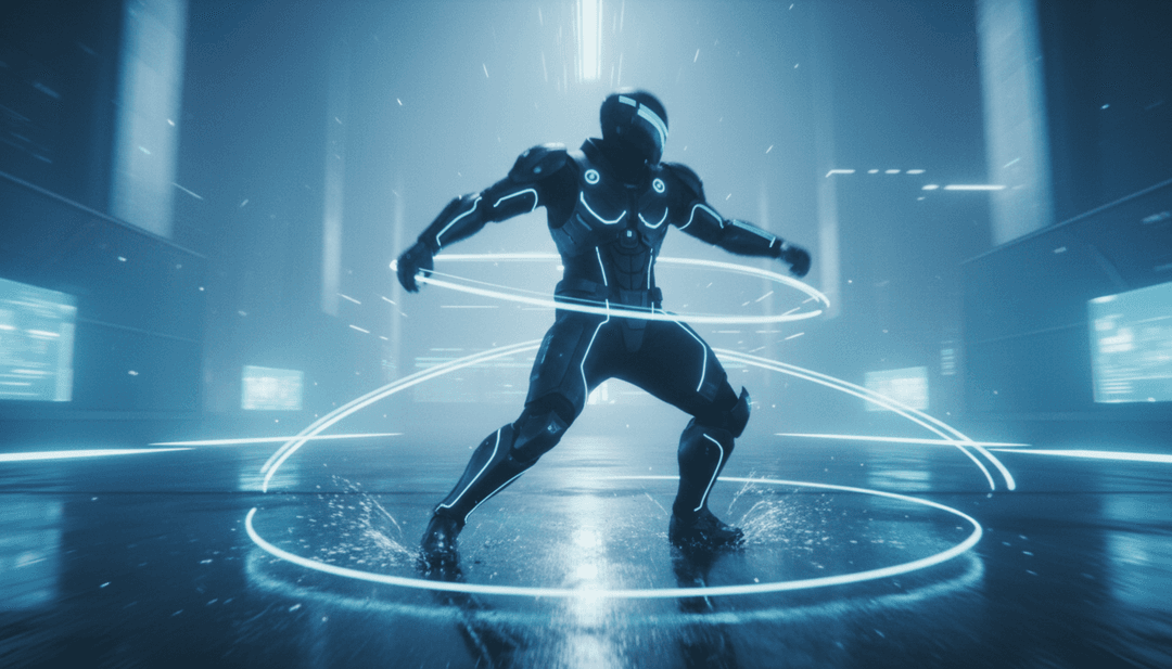 Trilhas de luz dinâmicas e padrões geométricos se formando em uma tela digital, ilustrando a transformação de áudio em visuais.