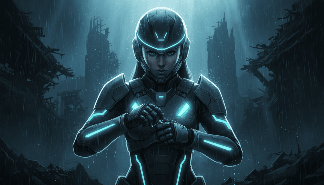 अमूर्त डिजिटल परिदृश्य बदल रहा है, जो गीत के निरंतर परिवर्तन और लचीलेपन के विषयों को दर्शाता है।