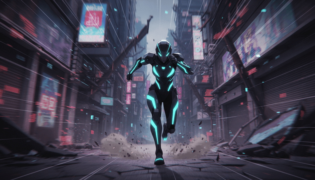 नियॉन-लिट, भविष्य के शहर के माध्यम से एक नायक आकृति उड़ान भर रही है, जो जीवंत ट्रांस सिंथ तरंगों और प्रकाश पगडंडियों से प्रेरित है।