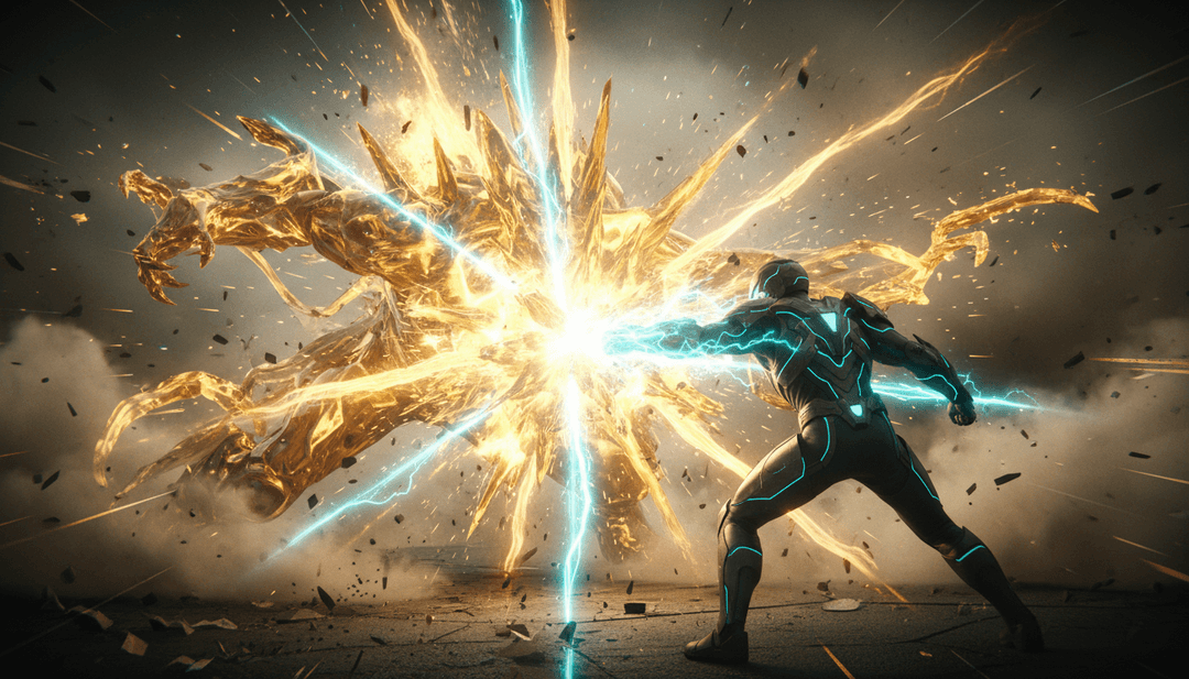 नायक का अंतिम सिनेमाई शॉट एक उच्च तकनीक वाले प्लेटफॉर्म पर खड़ा है, जो एक गतिशील, प्रकाशित दुनिया को देखता है, विजय का प्रतिनिधित्व करता है।