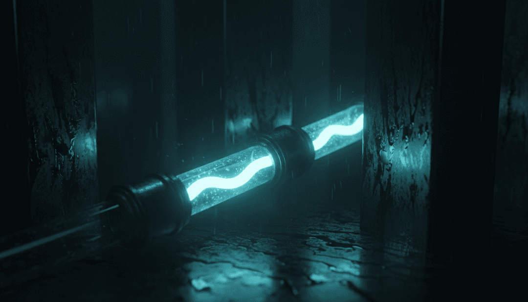 交响金属声波抽象地转化为黑暗史诗景观中复杂的数字血管和发光能量，象征着 AI 对 ph7 的《Phantom Veins》的初步分析。