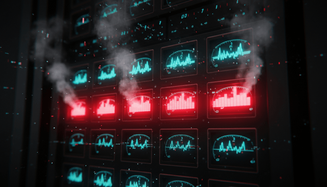 令人惊叹的最终音乐视频帧，展示了乐队 ph7 在未来哥特式环境中表演《Phantom Veins》，配有复杂的视觉效果和动态照明，并叠加了优雅的免费字幕，展示了 freebeat.ai 音乐视频生成器的精良输出。