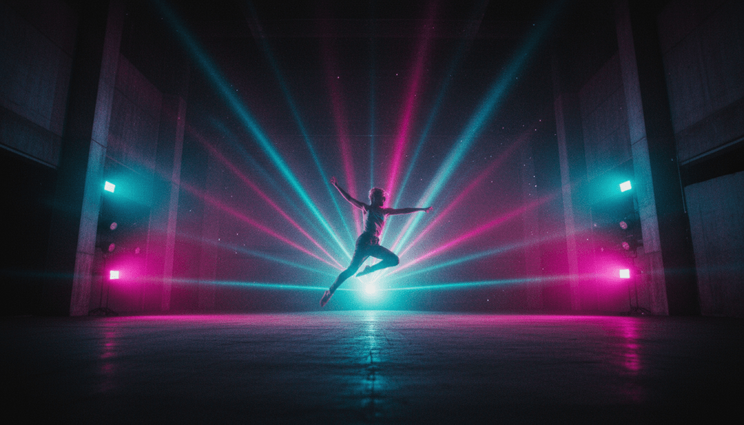 Uma cena dinâmica gerada por IA, apresentando uma paisagem futurista iluminada por néons com campos de energia pulsantes, perfeitamente sincronizada com uma batida eletrónica de dança.