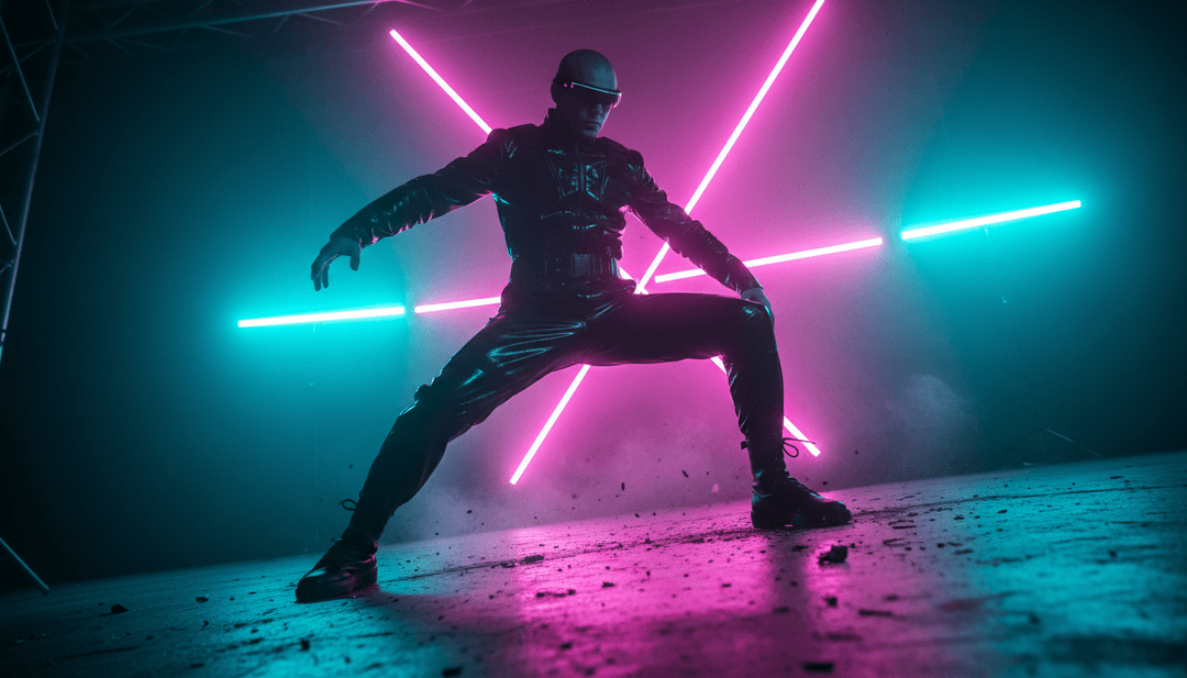 Um artista digital a rever alegremente o seu vídeo de música AI recém-criado num tablet, mostrando visuais dinâmicos para uma faixa eletrónica, com a marca freebeat.ai.