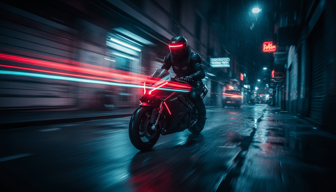 Elementos visuais dinâmicos como rastros de luz, efeitos de partículas e paisagens em evolução sincronizados com uma forma de onda musical abstrata, exibindo vídeo gerado por IA.