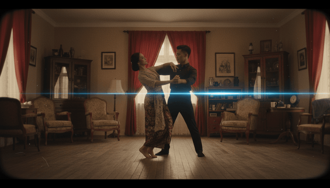 Um quadro final deslumbrante de videoclipe para "²out full bangsatem" exibido em um monitor, cercado por ferramentas criativas e um usuário feliz, ilustrando o poder do gerador de videoclipes com IA.