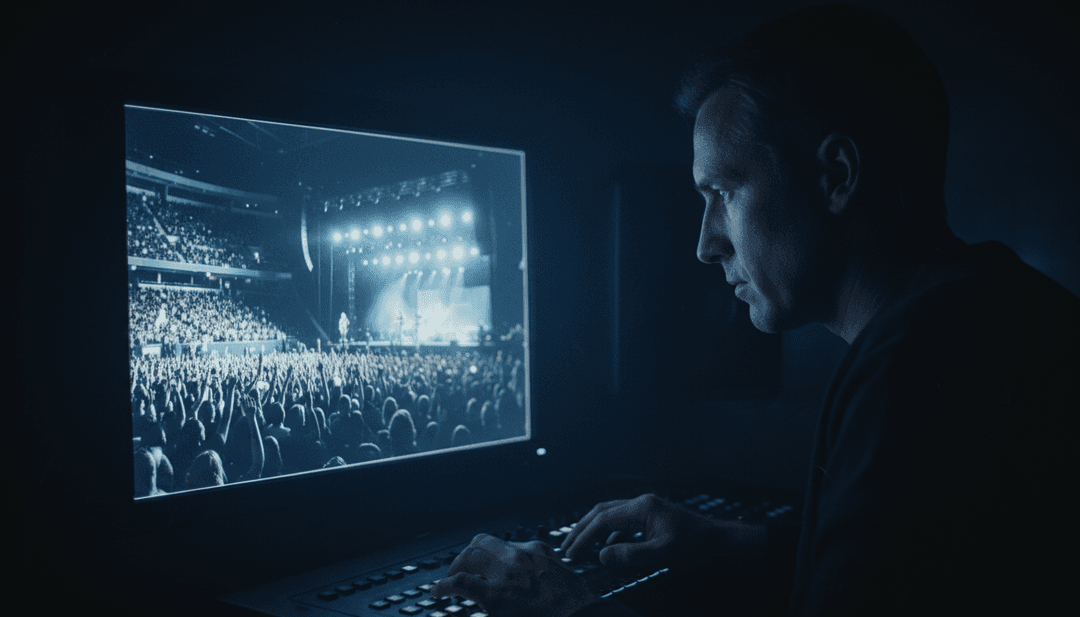 Visuelle Darstellung von nahöstlichen Instrumenten und elektronischen Synthesizern, die fließende Wüstenszenen und Neonmuster in einem KI-generierten Musikvideo erzeugen.