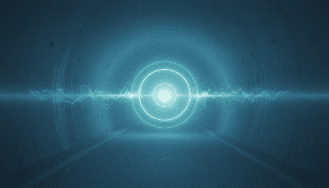 Abstrakte visuelle Darstellung von Schallwellen für 'Echoes in the Void' in einer dunklen, futuristischen Umgebung mit leuchtenden Neonlinien.