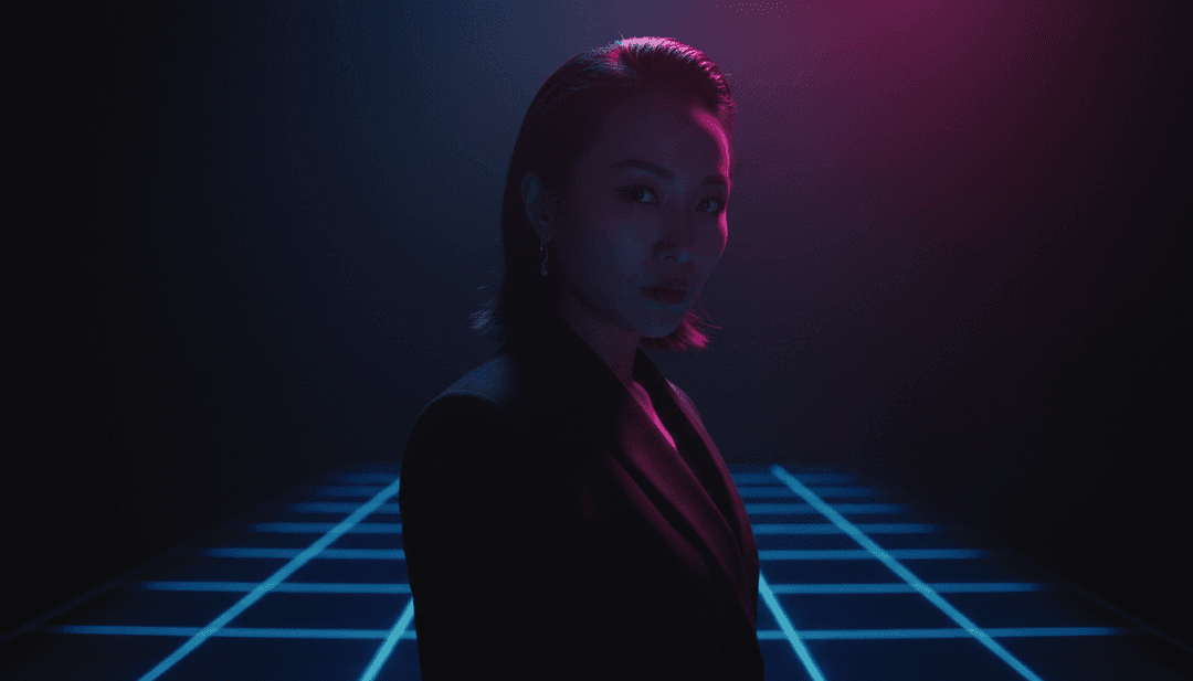 IA analizando formas de onda y ritmos de una pista de K-pop hip-hop de sol.s24229, mostrando patrones rítmicos dinámicos y paisajes sonoros futuristas.