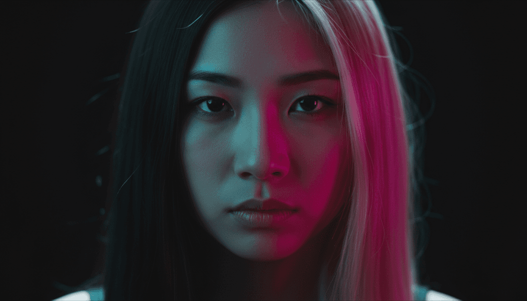 Una secuencia de imágenes generadas por IA que muestran a un bailarín de K-pop en una ciudad futurista, reaccionando a un potente ritmo de hip-hop, con iluminación dinámica y gráficos en movimiento.