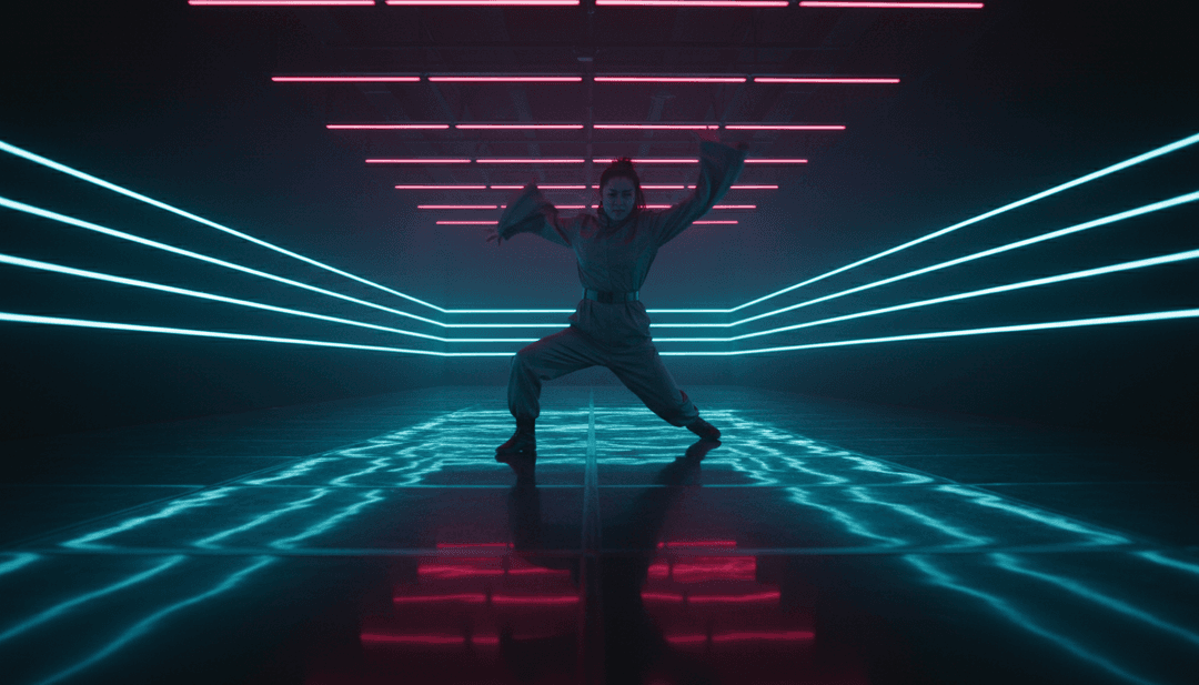 Toma cinematográfica final de un vibrante video musical de K-pop hip-hop, mostrando imágenes y actuaciones integradas de IA, con el logotipo de freebeat.ai sutilmente en la esquina.