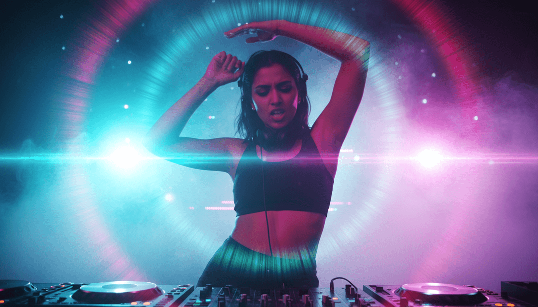 Representação visual dinâmica de elementos de pop indiano e música eletrônica de dança, mostrando uma cena vibrante com padrões de luz rítmicos e movimentos fluidos gerados por um `gerador de vídeos com letras` para a faixa de DJ RUPAK KR.