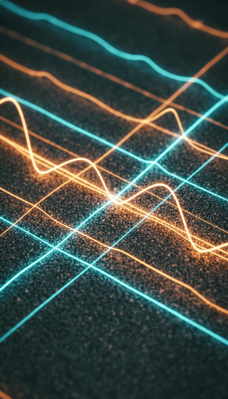 전자 음악 주파수가 흐르는 빛의 패턴과 진화하는 형태로 변환되는 추상적인 시각적 표현.