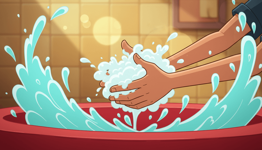 Personagens animados brincando alegremente com bolhas cintilantes e ambientes limpos, representando os visuais gerados por IA para 'أَنَا الْفَتَى النَّظِيفُ 🧼✨'.