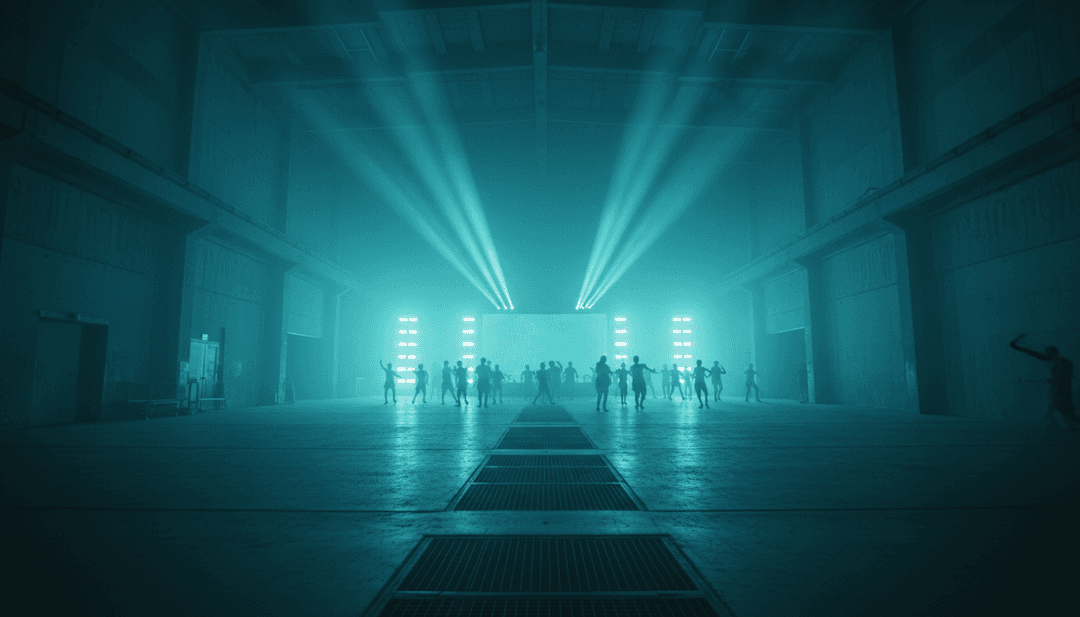 Visuais dinâmicos gerados por IA para Fast Dance- Adults.mp3 mostrando dançarinos em sincronia com padrões de luz vibrantes.