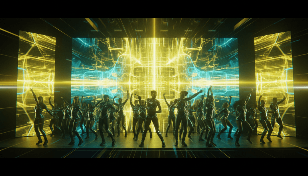 Cena final do vídeo musical gerado por IA para Fast Dance- Adults.mp3, vibrante e energética.