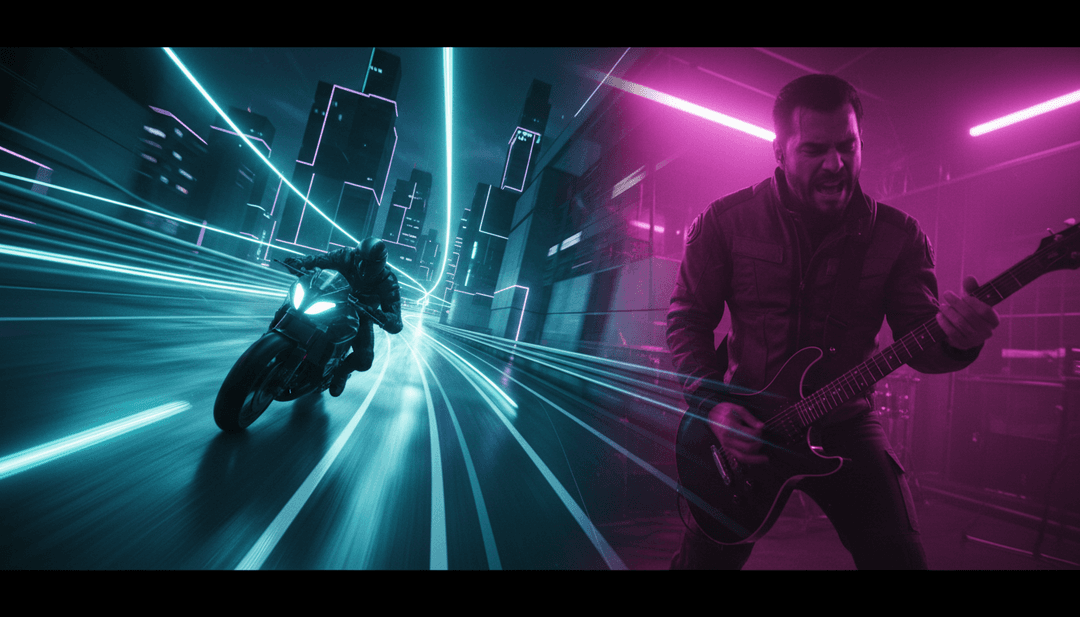 「Comuni Immortali」のロックギターリフとドラムビートがダイナミックなビデオシーンに変換される視覚的表現。