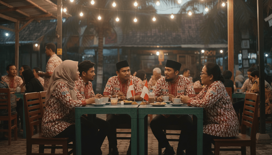 Cenas visuais dinâmicas geradas por IA, mostrando dança pop-dangdut e encontros comunitários vibrantes, sincronizadas com Tongkrongan.mp3.