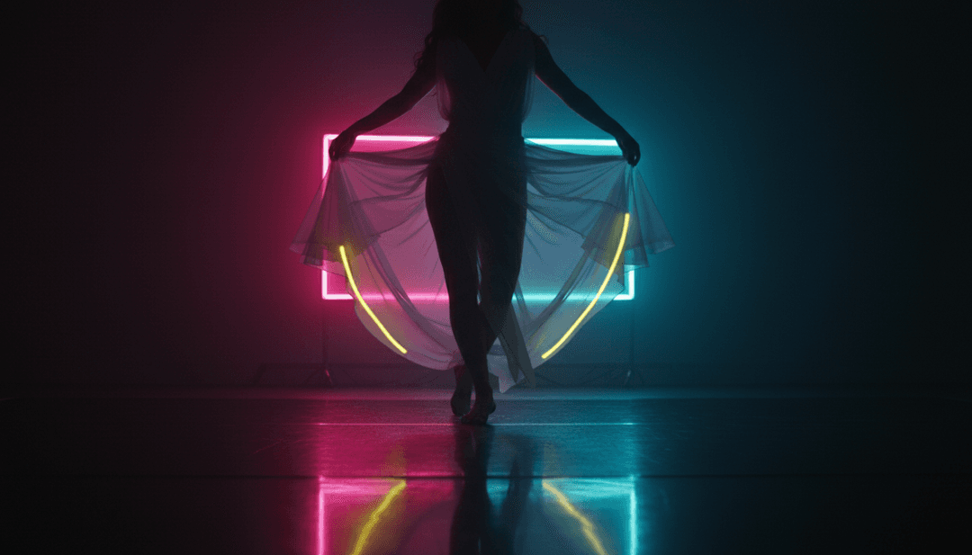 Visualizador abstrato representando o ritmo pulsante de "Muovi il culetto" de DjMatte por v3, com luzes brilhantes da pista de dança e ondas sonoras energéticas.