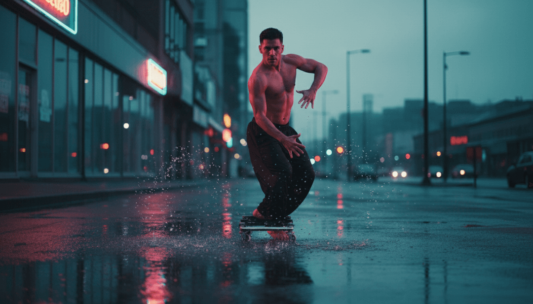 Visuais dinâmicos de dançarinos em uma cidade vibrante ao pôr do sol, com efeitos de chuva, representando visualmente as batidas de reggaeton e latin pop e as letras de 'Llorando'.