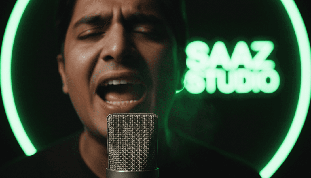 Visuais dinâmicos de dançarinos de Bhangra misturando-se com padrões de luz eletrónica, representando o género da música traduzido pela IA.