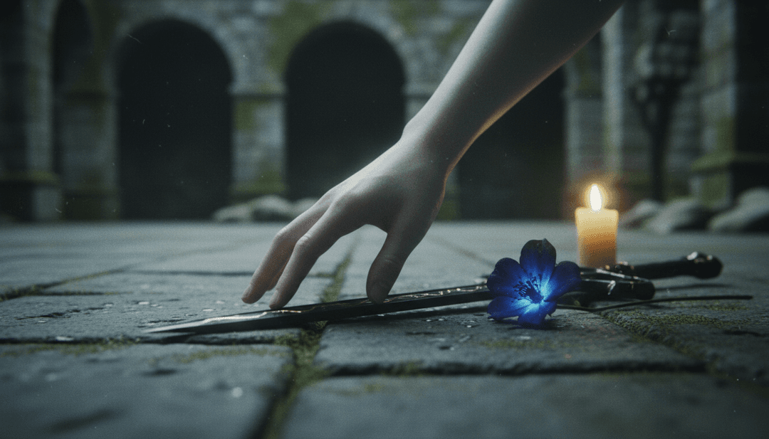 IA processando formas de onda complexas de metal sinfônico, visualizando um castelo iluminado pela lua envolto em névoa para 'Daughter of the Moonlit Keep'.