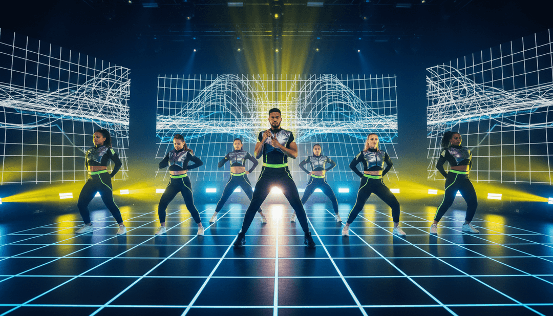 Cena de clube energética com luzes piscando sincronizadas com uma batida, ilustrando a tradução visual dinâmica da música eurodance pela freebeat.ai.