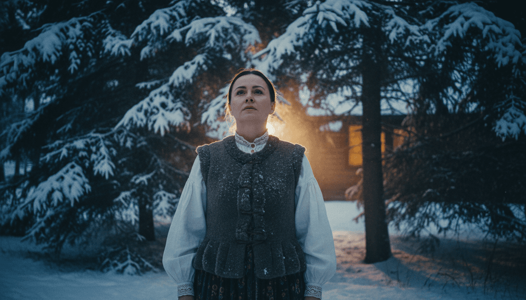 L'IA interprétant de la musique folk avec des visuels festifs comme un sapin vert et des flocons de neige, capturant l'essence de 'Zielona jodła by Prawilny'.