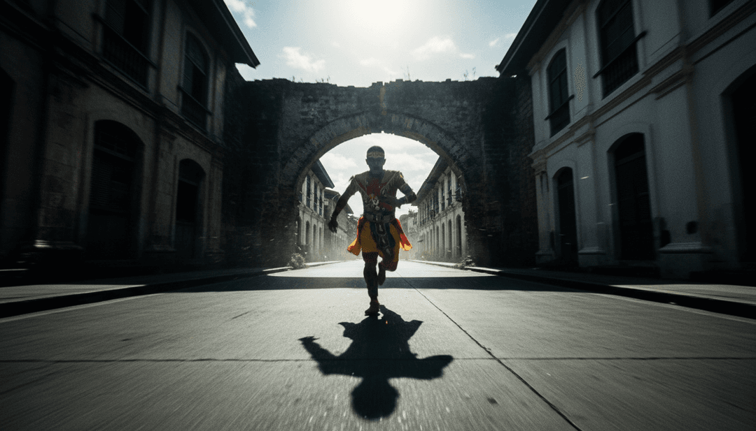 Cena de dança de rua vibrante gerada por IA de 'Sayaw sa Banwa', retratando dançarinos em trajes tradicionais filipinos e elementos coloridos de desfile.