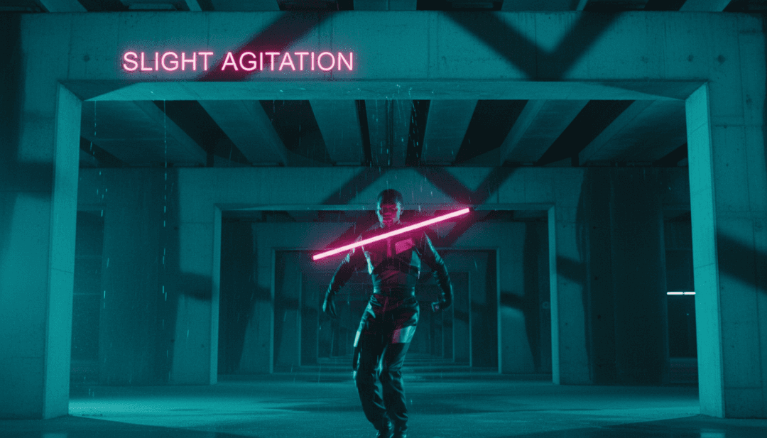 Efeitos visuais dinâmicos girando em torno de um dançarino, representando os elementos energéticos de synth-pop e electronic pop de 'Souterrain (Je Danse Quand Même) 27', criados por um gerador de vídeos de música com IA.