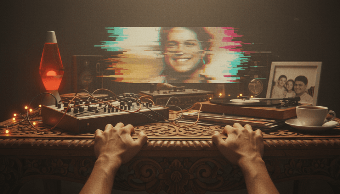 Um quadro final de videoclipe de alta qualidade de 'Natal com os Amigos (Falsa Neve)' sendo reproduzido em uma tela, cercado por elementos de IA brilhantes.