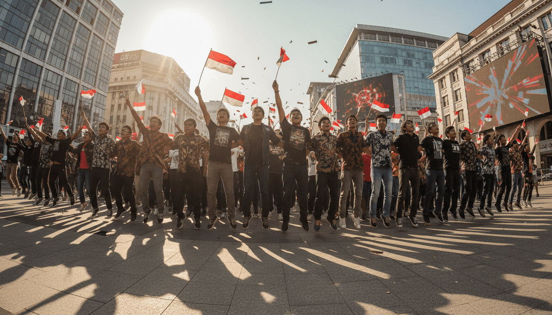 Visuels dynamiques de motifs de batik indonésiens traditionnels fusionnant avec des graphiques trap modernes et des mouvements de danse hip-hop, générés par l'IA pour GARUDA FIX.mp3.