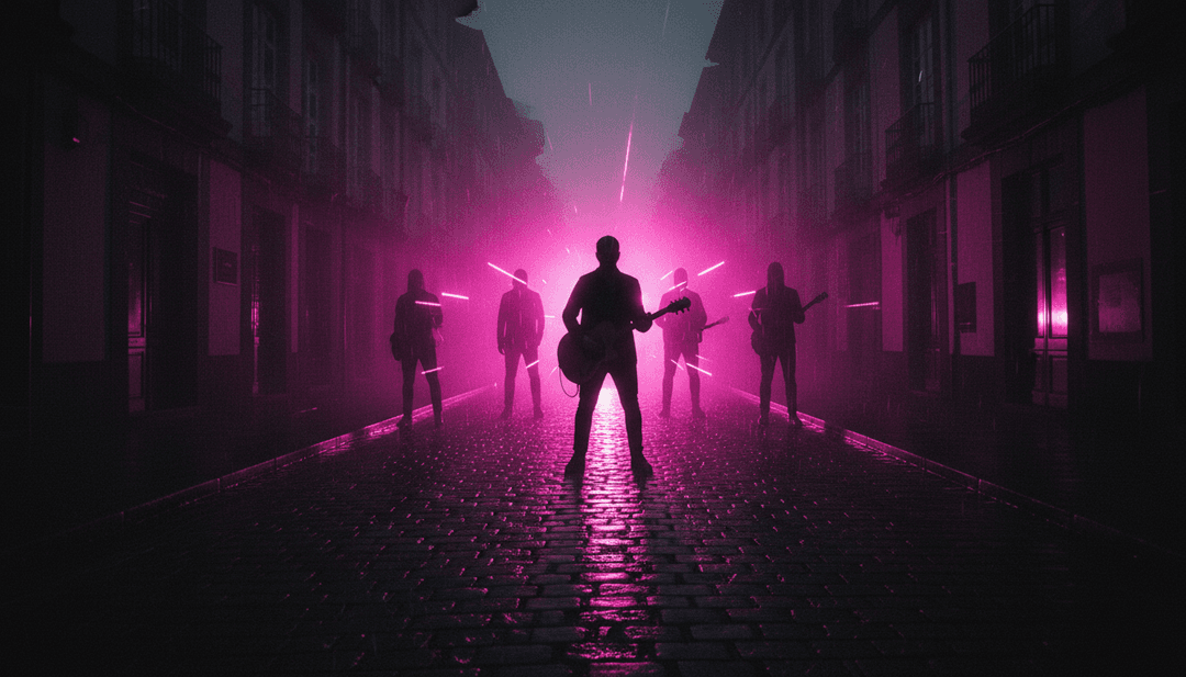 IA analisando formas de onda de música rock, traduzindo energia bruta em conceitos visuais para o vídeo musical 'Volver a Sonar'.