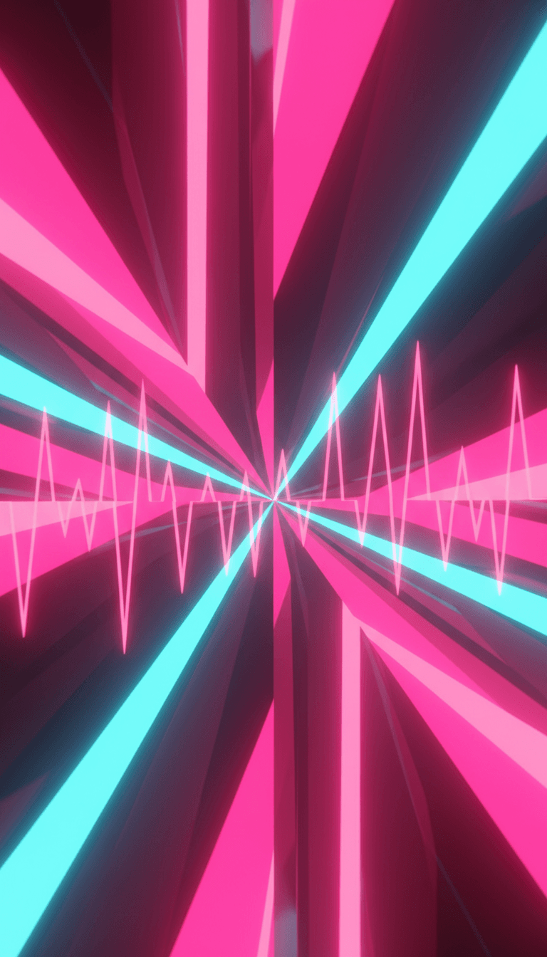 动态视觉效果展示了抽象电子图案与舞蹈动作和霓虹灯的融合,由AI音乐封面生成器生成。